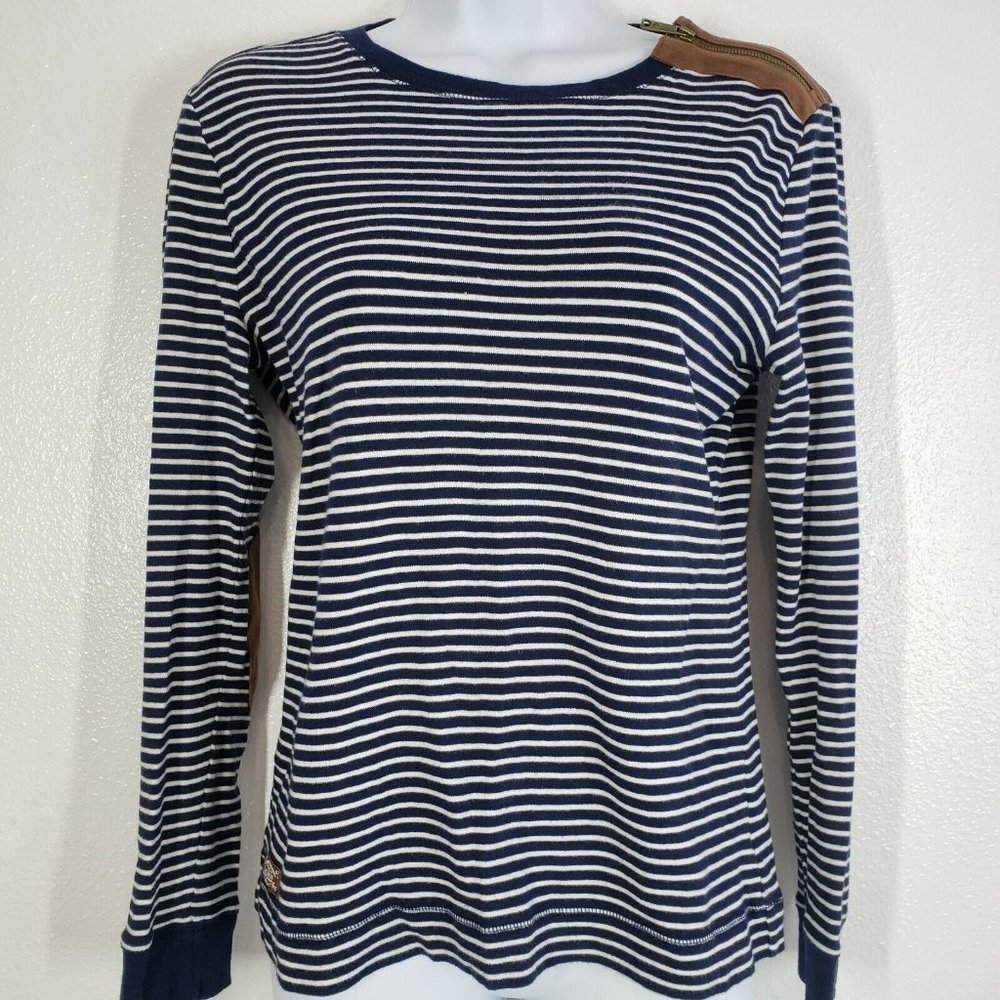 Lauren Ralph Lauren Womens top blue White Striped leather patch Shirt Medium‎ - Picture 6 of 10